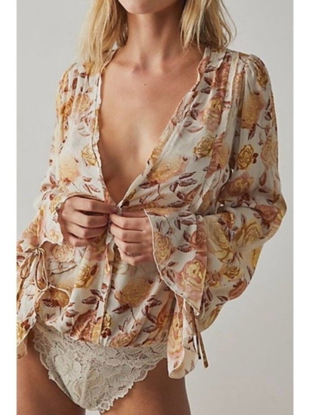 Free People Everything’s Rosy Bodysuit Yellow Floral Bell Sleeve Size Large New
